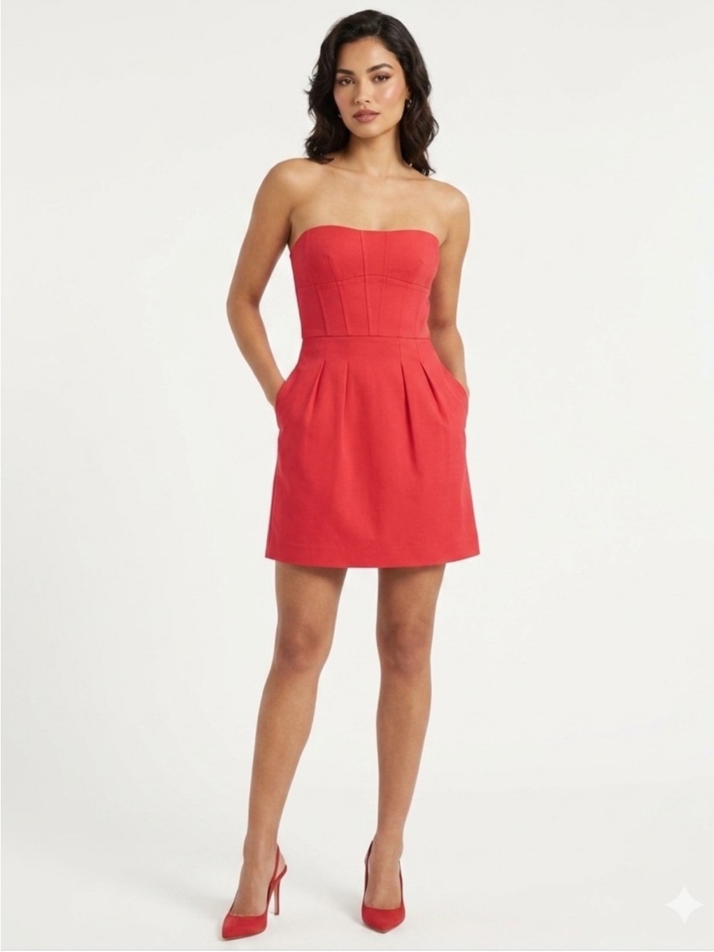 BCBGMaxAzria Strapless Red Pleated A-Line Dress